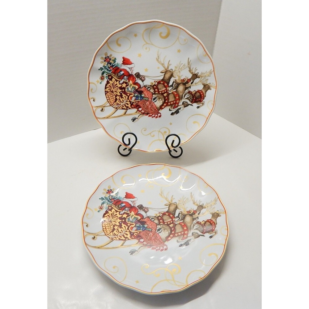 Williams Sonoma Twas The Night Before Xmas Dinner Plates Santa His Sled 2 PC